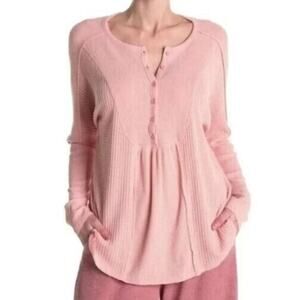 Gibsonlook Women's Mixed Ribbed Waffle Knit Henley Top In Blush Pink XSmall $50